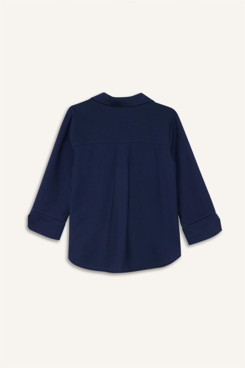 نساء كحلي بلوزة ردن طويل قصة عادية بياقة مستديرة