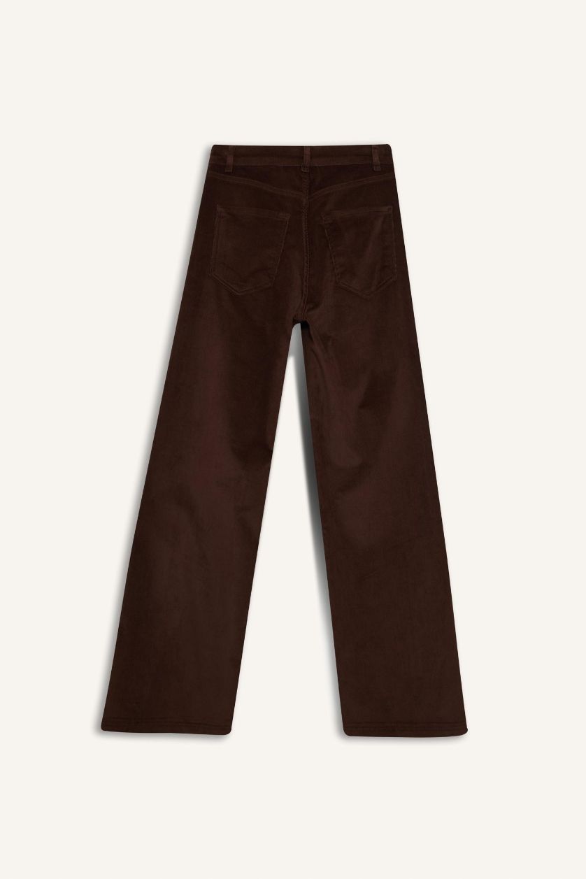 Kadın Kahve Wıde Leg Fermuarlı Normal Bel Uzun Boy Kadife Pantolon