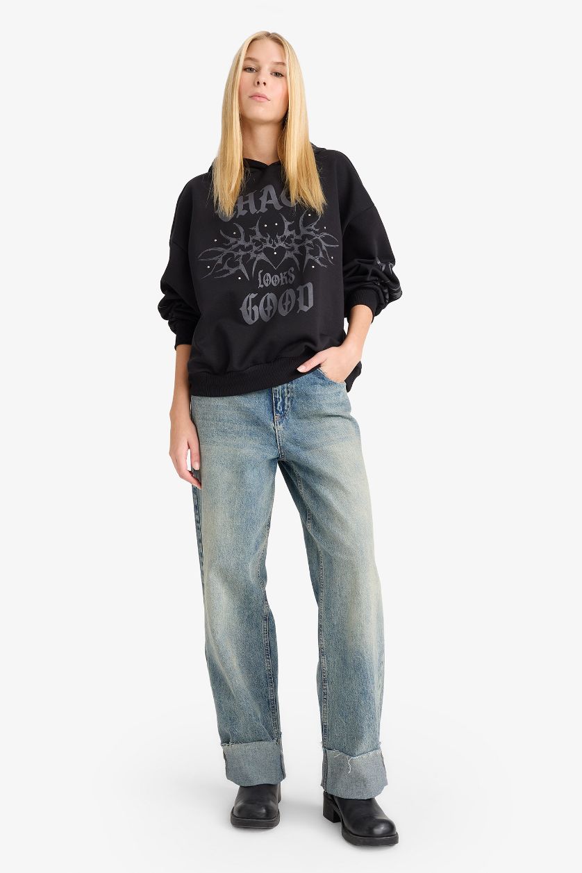 Kadın Siyah Oversize Geniş Kalıp Kapüşonlu Baskılı Sweatshirt