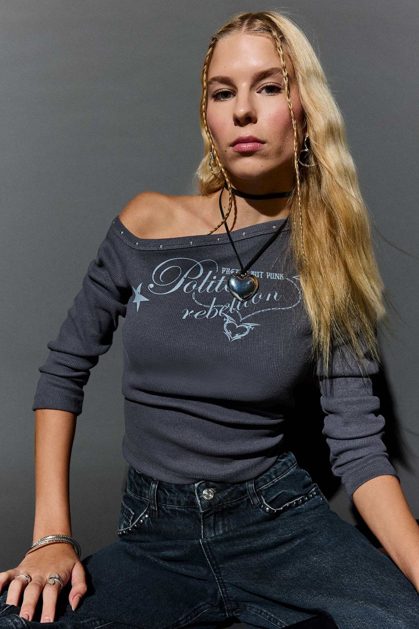 Әйелдерге Антрацит Обтягивающая футболка с открытыми плечами и длинным рукавом