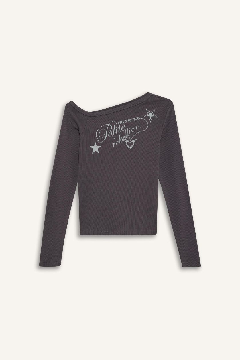 Әйелдерге Антрацит Обтягивающая футболка с открытыми плечами и длинным рукавом