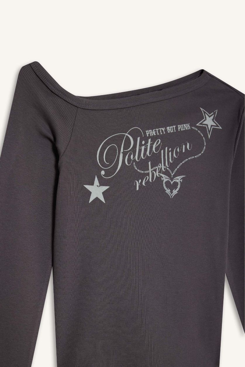 Әйелдерге Антрацит Обтягивающая футболка с открытыми плечами и длинным рукавом