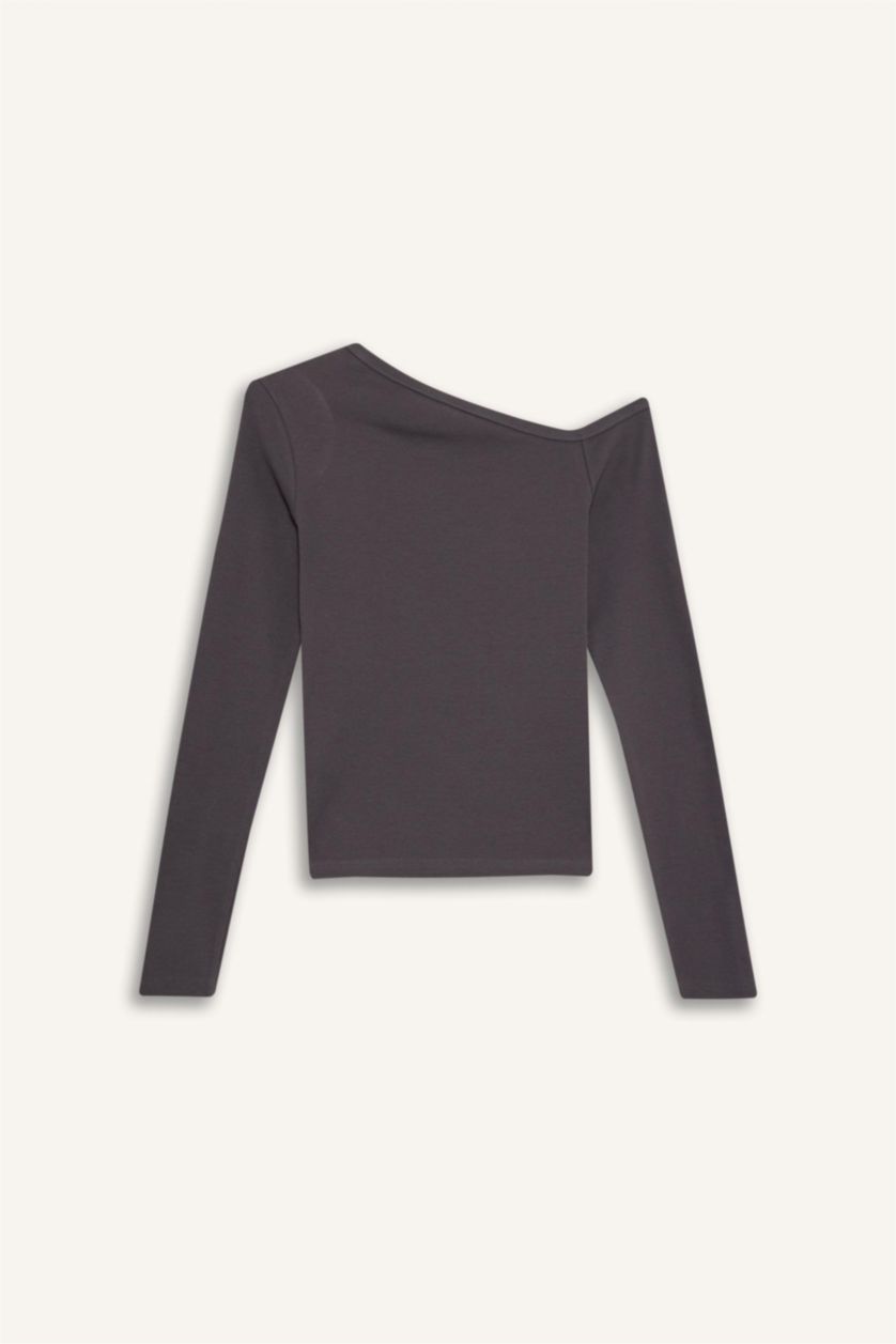 Әйелдерге Антрацит Обтягивающая футболка с открытыми плечами и длинным рукавом