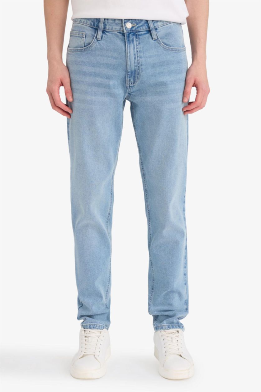 Man Light Blue Slim Fit Tapered Straight Leg  Denim Trousers