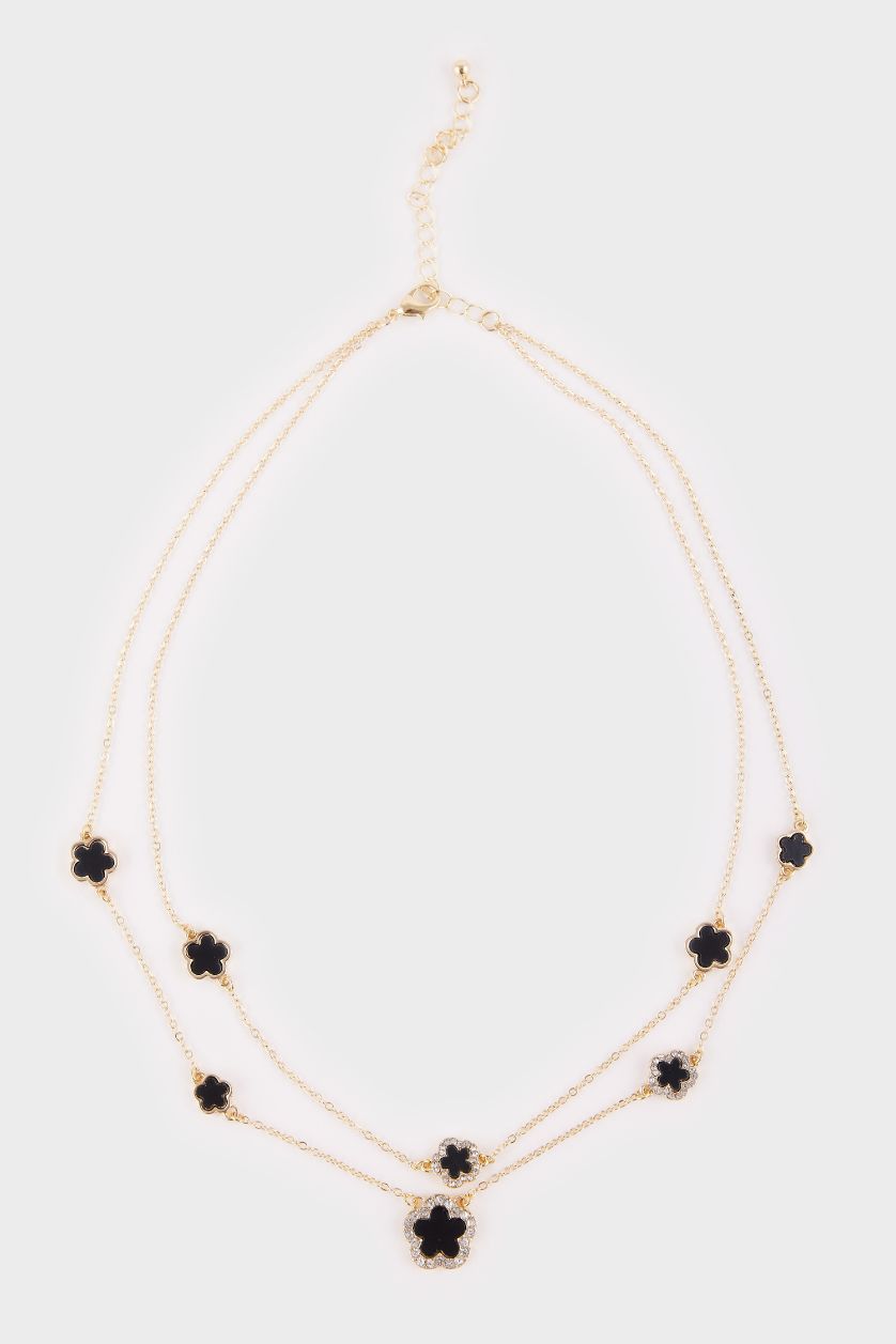 Kadın Siyah Kadın 2'li Siyah Yonca Detaylı Kolye