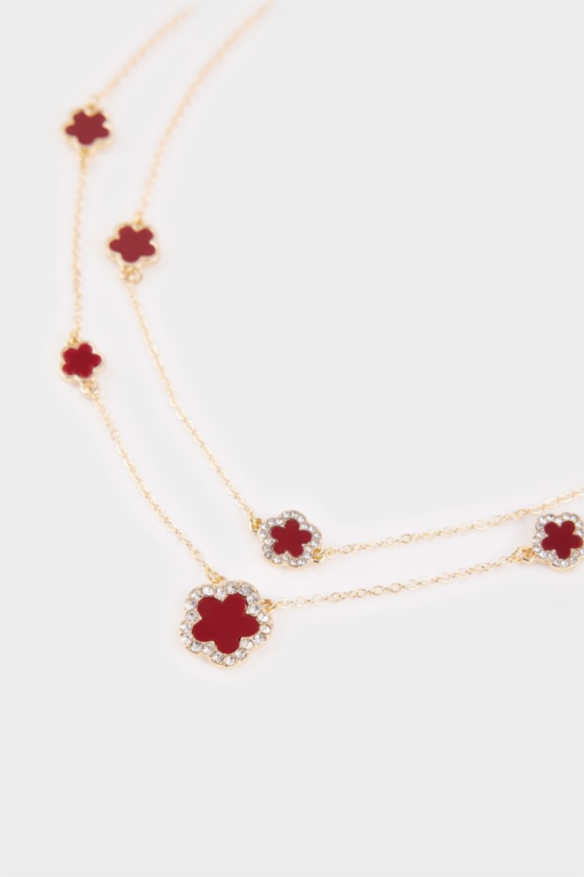 Kadın Bordo Kadın 2'li Bordo Yonca Detaylı Kolye