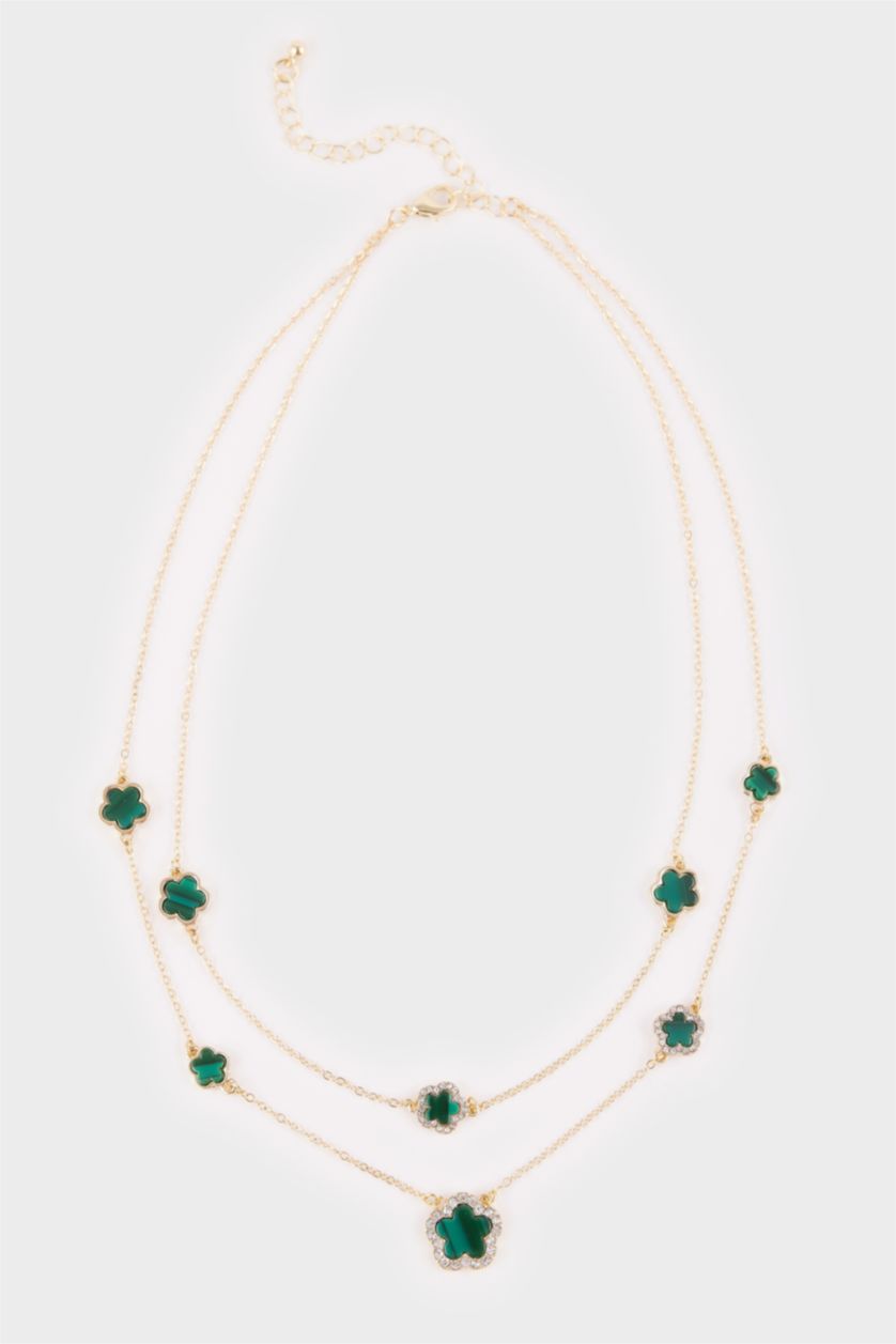 Kadın Yeşil Kadın 2'li Yeşil Yonca Detaylı Kolye