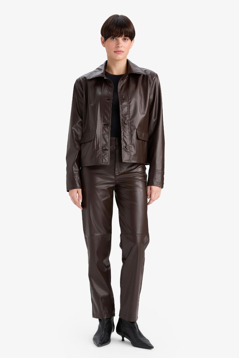 Kadın Koyu Kahve Straıght Fıt Cepli Kısa Paça Bilek Boy Deri Pantolon