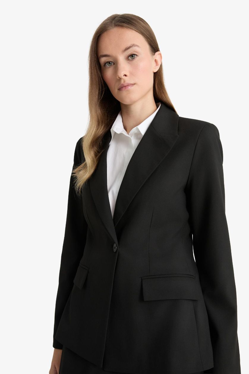 Kadın Siyah Regular Fıt Ceket Yaka Blazer Ceket