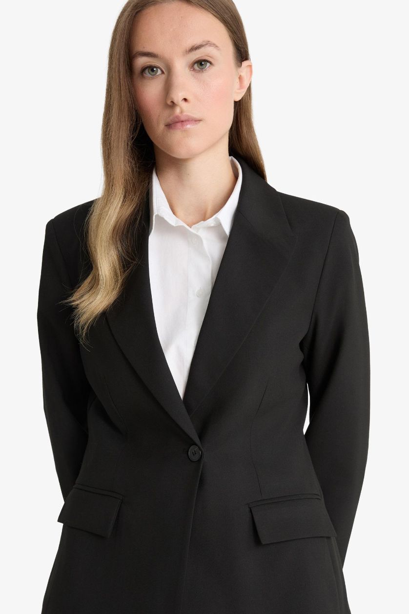 Kadın Siyah Regular Fıt Ceket Yaka Blazer Ceket