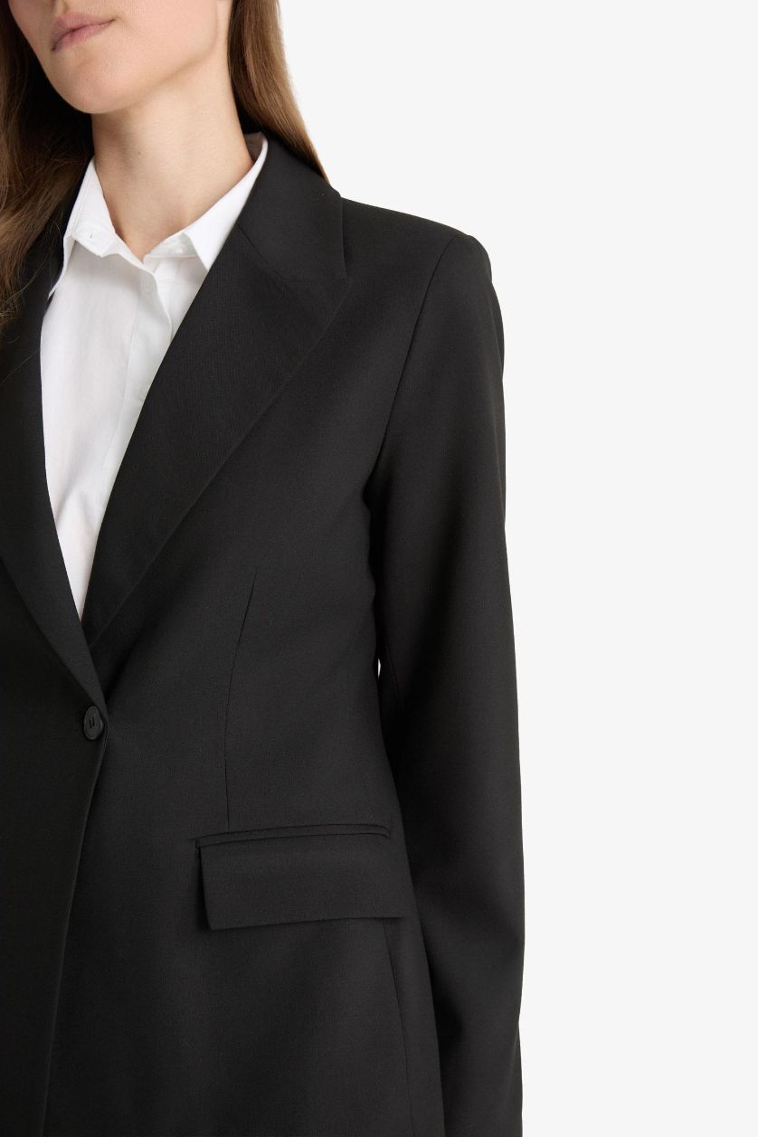 Kadın Siyah Regular Fıt Ceket Yaka Blazer Ceket