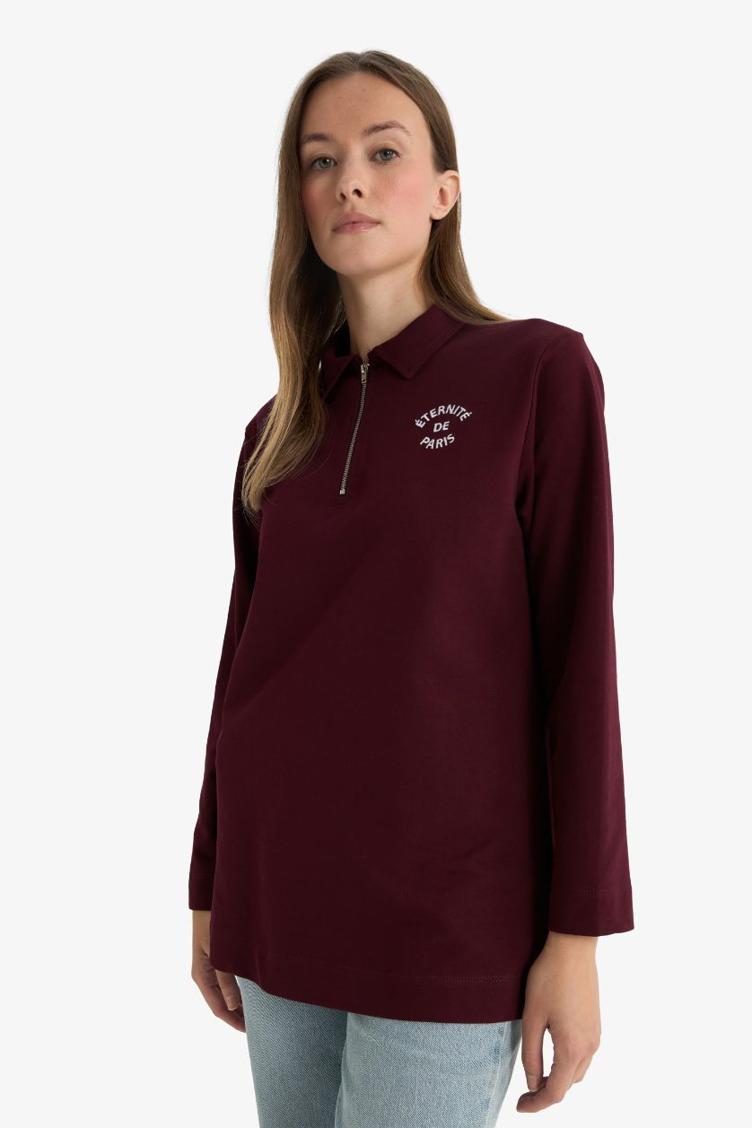 Kadın Bordo Regular Fit Polo Yaka Nakışlı Yarım Fermuarlı Sweatshirt Tunik