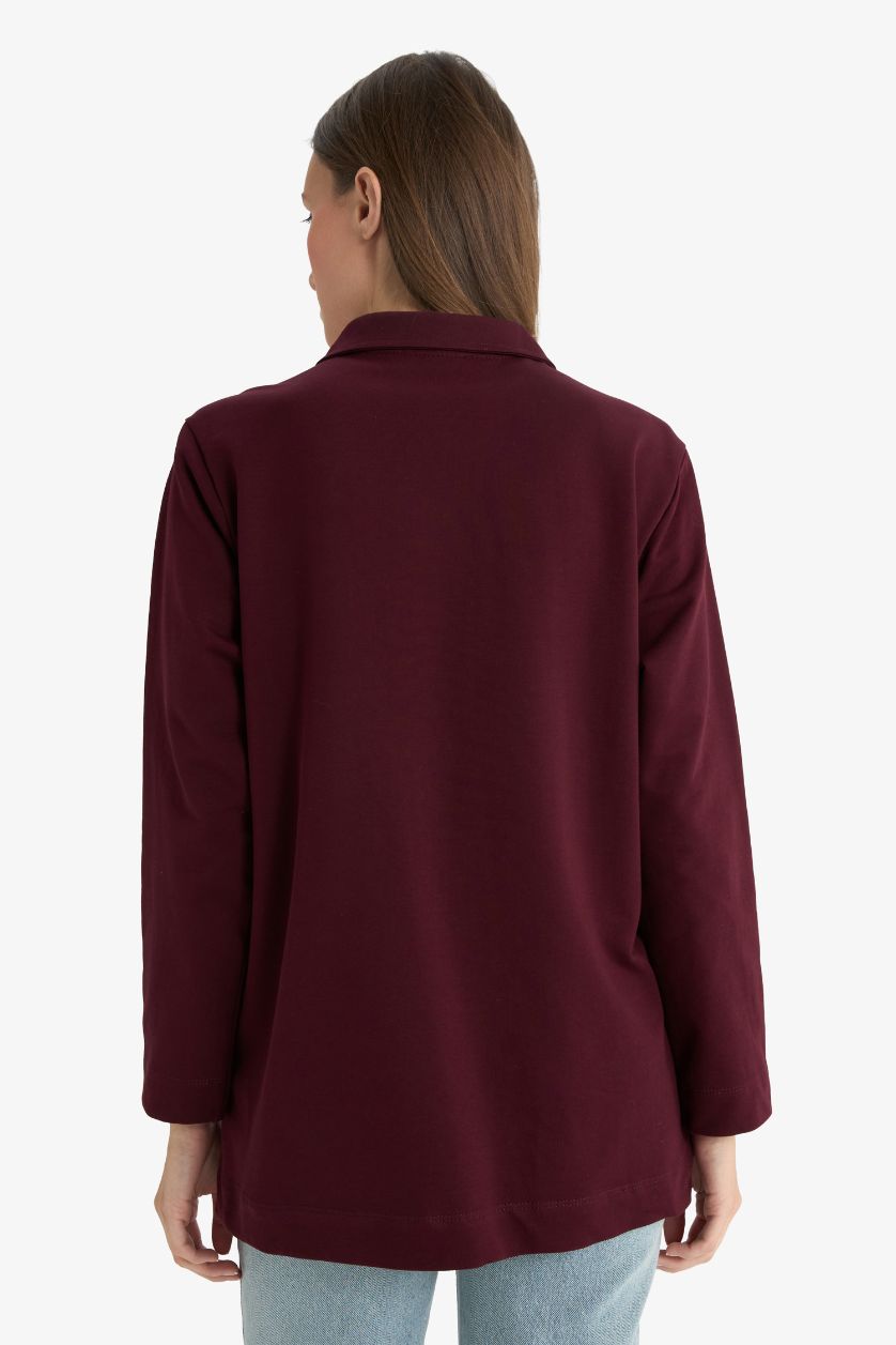 Kadın Bordo Regular Fit Polo Yaka Nakışlı Yarım Fermuarlı Sweatshirt Tunik