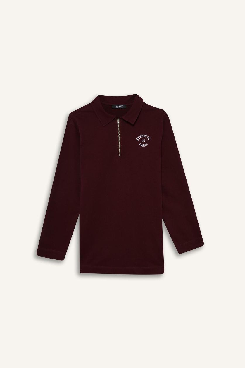 Kadın Bordo Regular Fit Polo Yaka Nakışlı Yarım Fermuarlı Sweatshirt Tunik