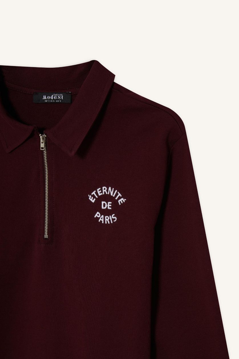 Kadın Bordo Regular Fit Polo Yaka Nakışlı Yarım Fermuarlı Sweatshirt Tunik