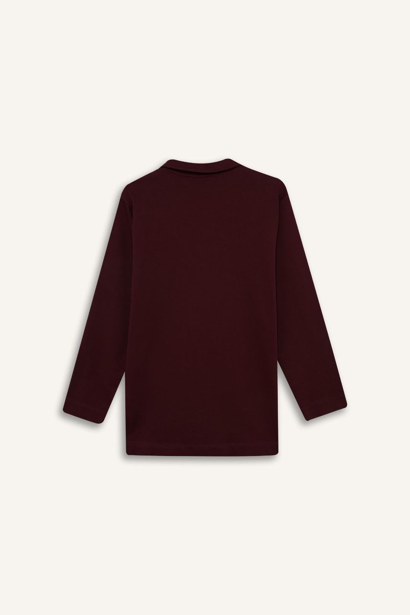 Kadın Bordo Regular Fit Polo Yaka Nakışlı Yarım Fermuarlı Sweatshirt Tunik