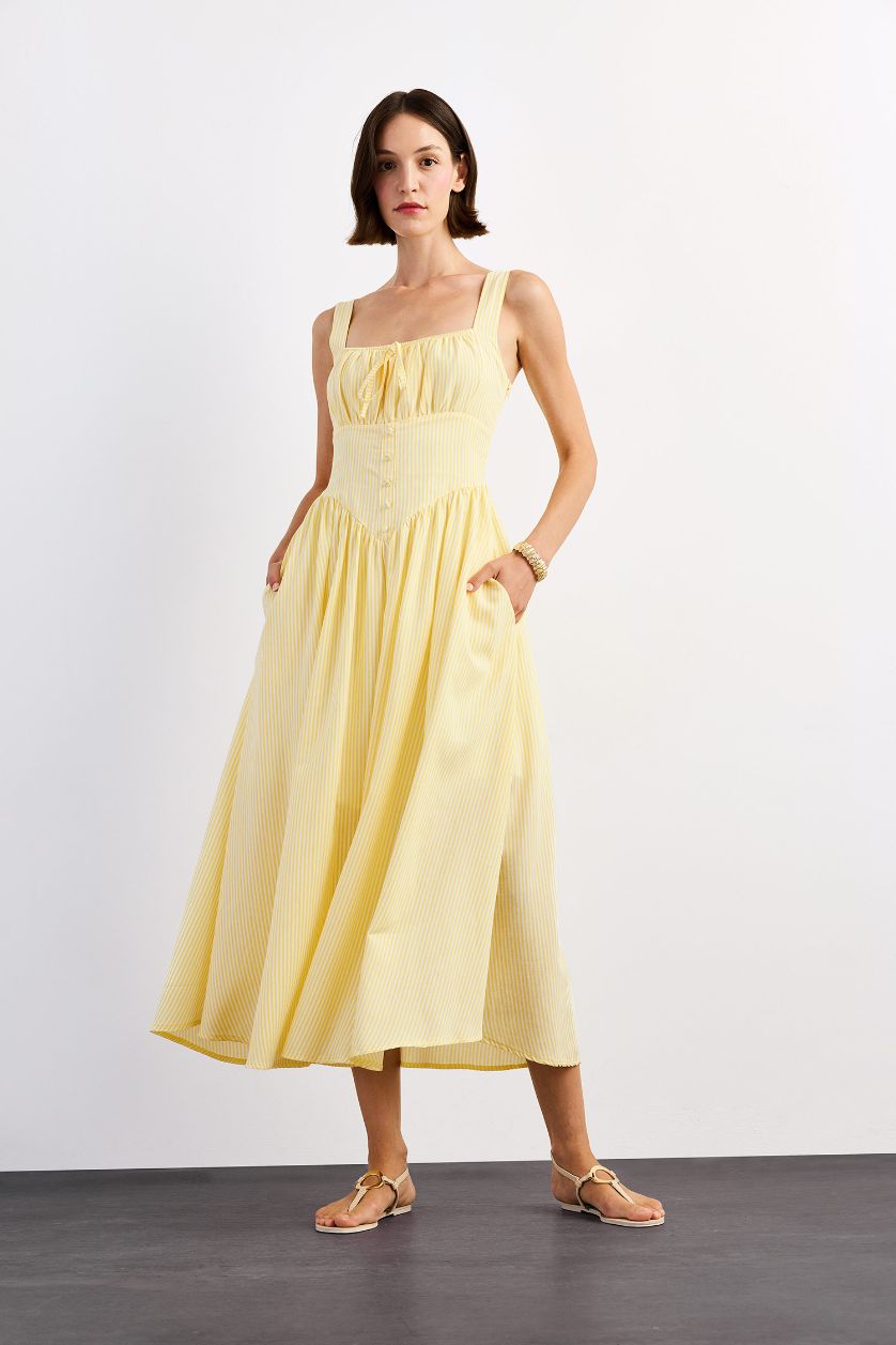 Kadın Sarı Kare Yaka Askılı Maxi Elbise