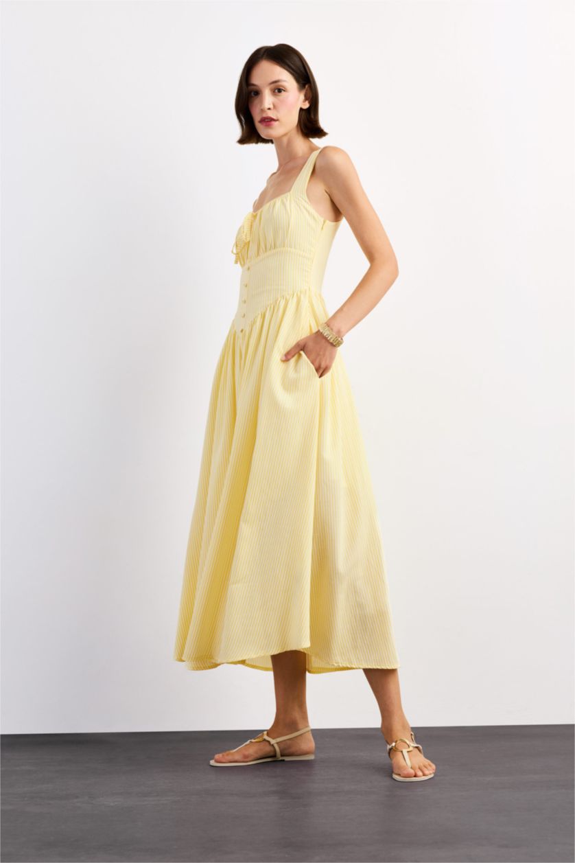 Kadın Sarı Kare Yaka Askılı Maxi Elbise