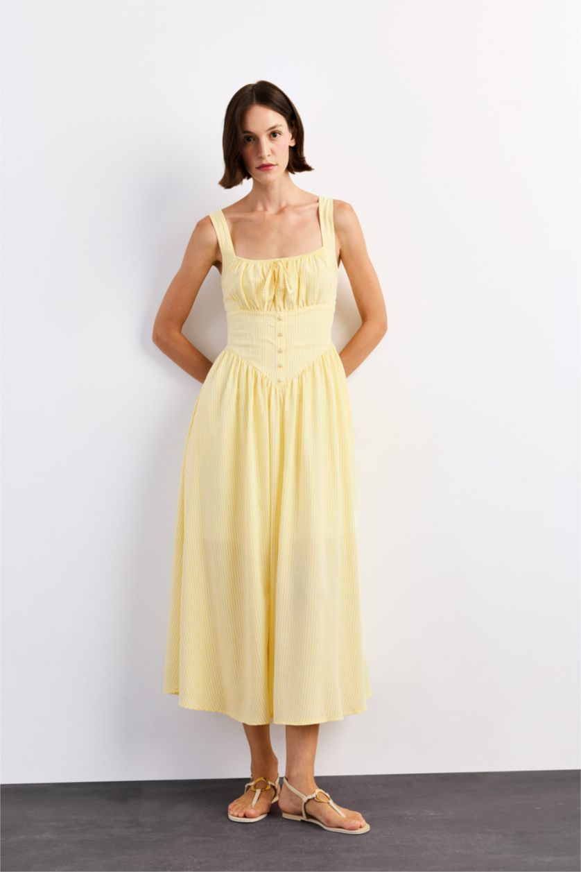 Kadın Sarı Kare Yaka Askılı Maxi Elbise