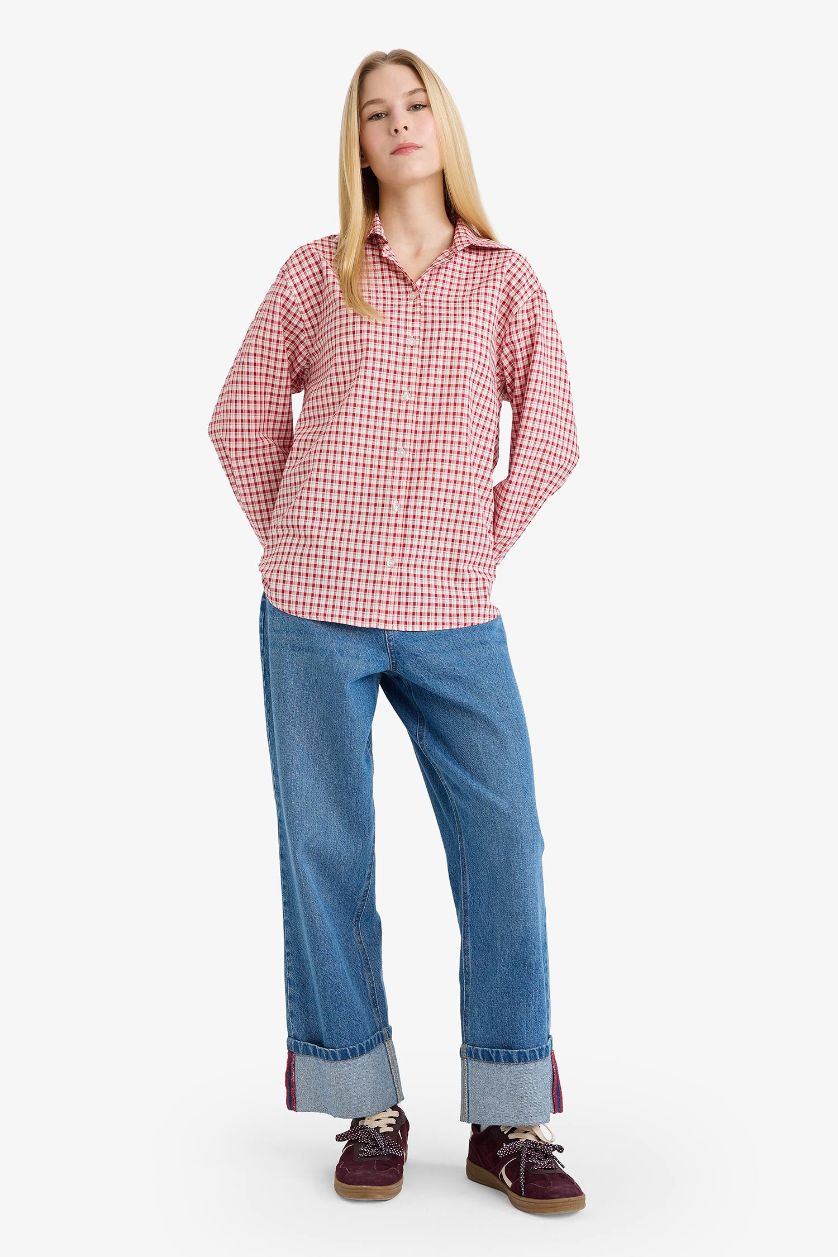 Woman Red Oversize Fit Shirt Collar Long Sleeve Shirt