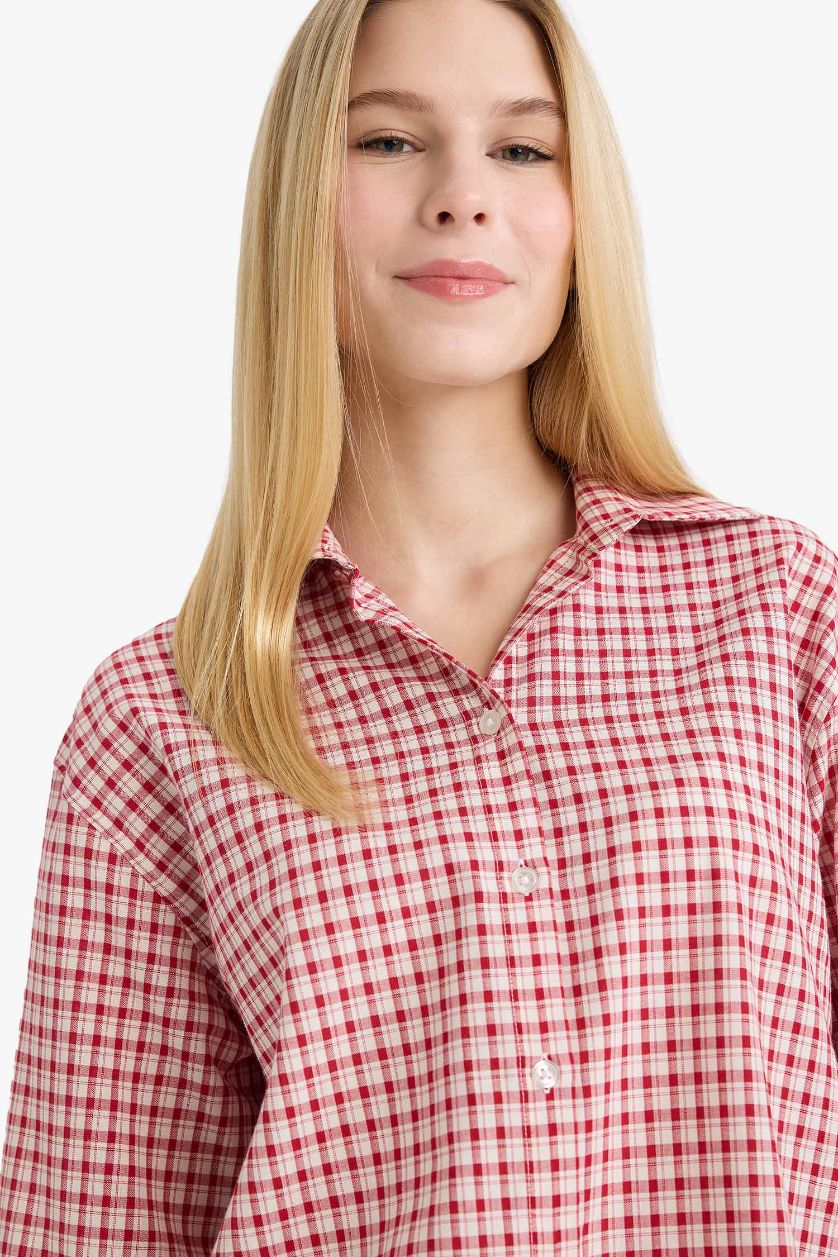 Woman Red Oversize Fit Shirt Collar Long Sleeve Shirt