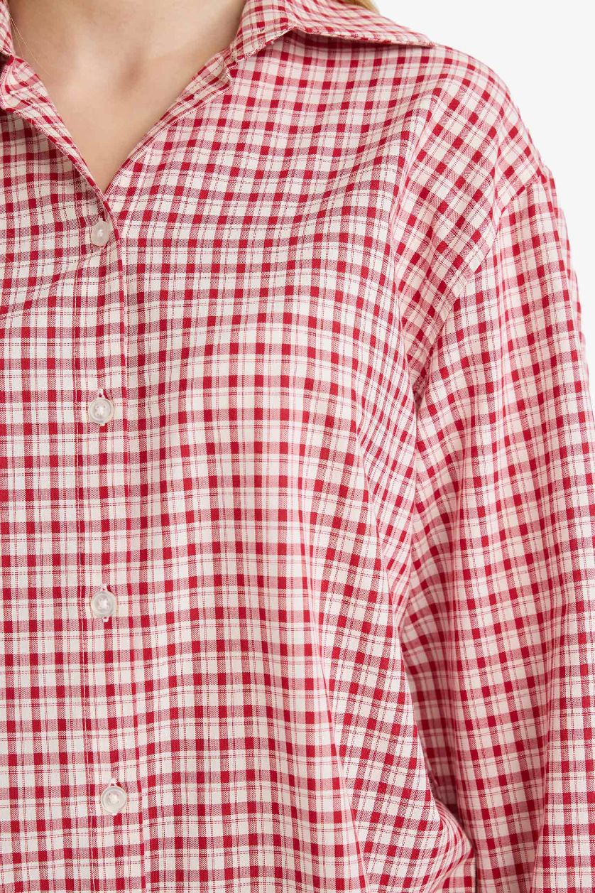 Woman Red Oversize Fit Shirt Collar Long Sleeve Shirt