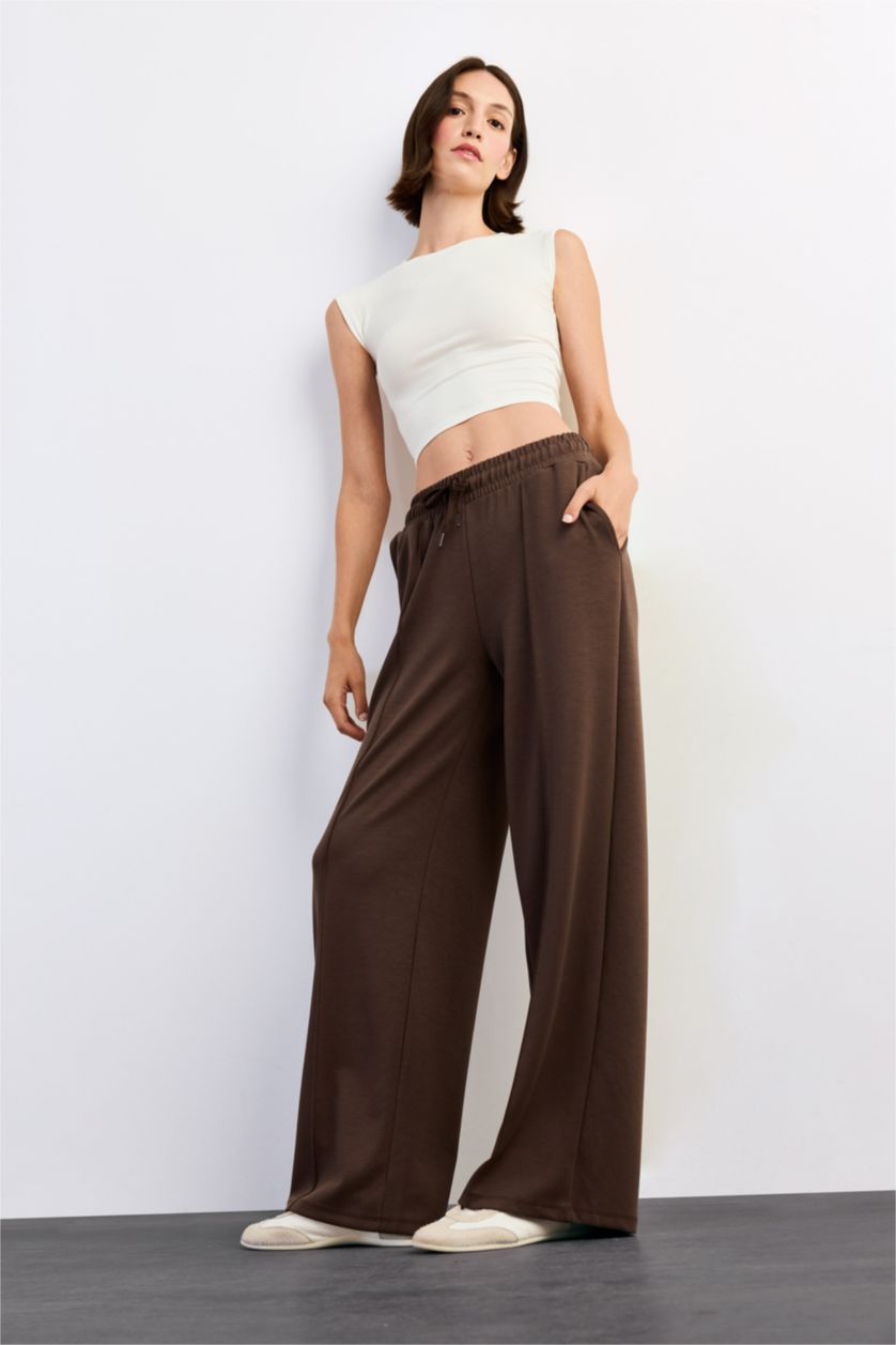 Woman Brown Relax Fit Regular Waist Straight Leg Modal Trousers