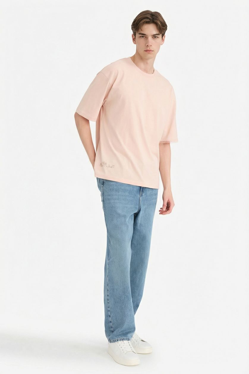 Erkek Pembe %100 Pamuk Boxy Fit Baskılı Tişört