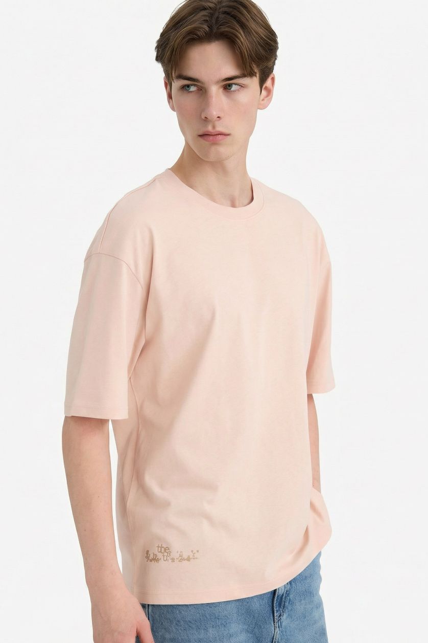 Erkek Pembe %100 Pamuk Boxy Fit Baskılı Tişört