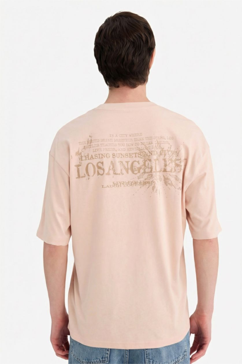 Erkek Pembe %100 Pamuk Boxy Fit Baskılı Tişört