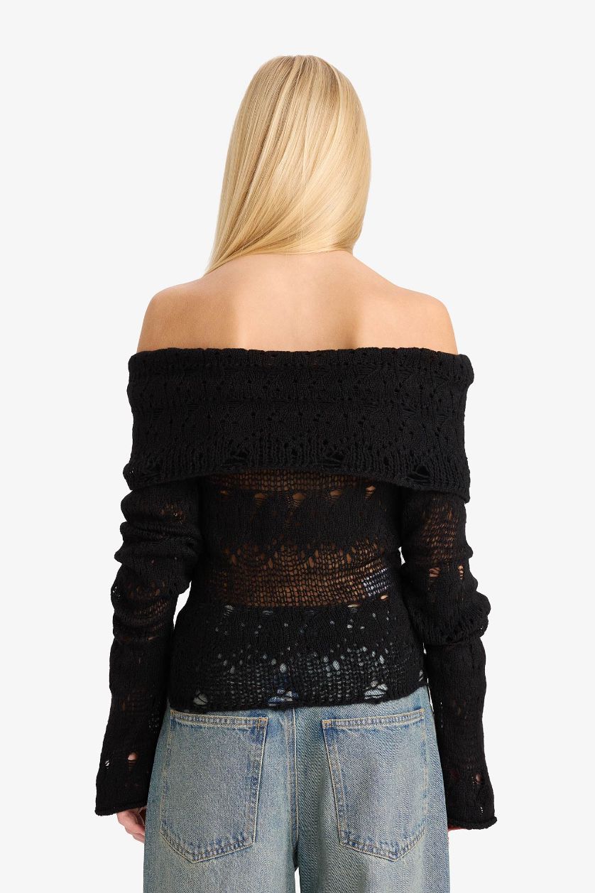 نساء أسود بلوفر سليم فيت بكتف مفتوح