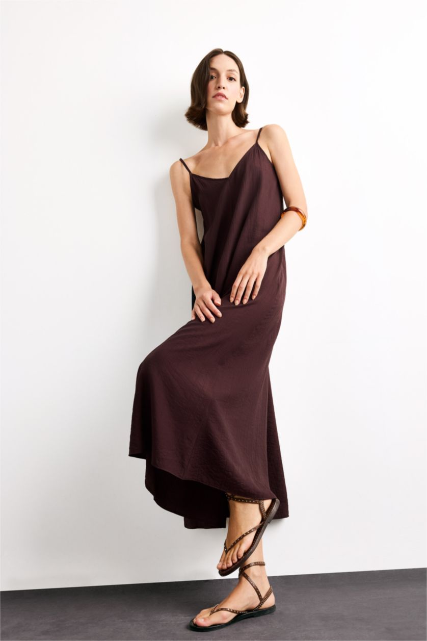 Kadın Kahve Modal İnce Askılı Maxi Elbise