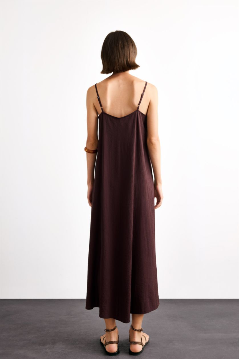 Kadın Kahve Modal İnce Askılı Maxi Elbise