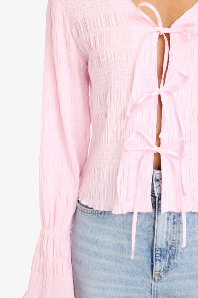 Woman Light Pink Slim Fit V-Neck Long Sleeve Blouse