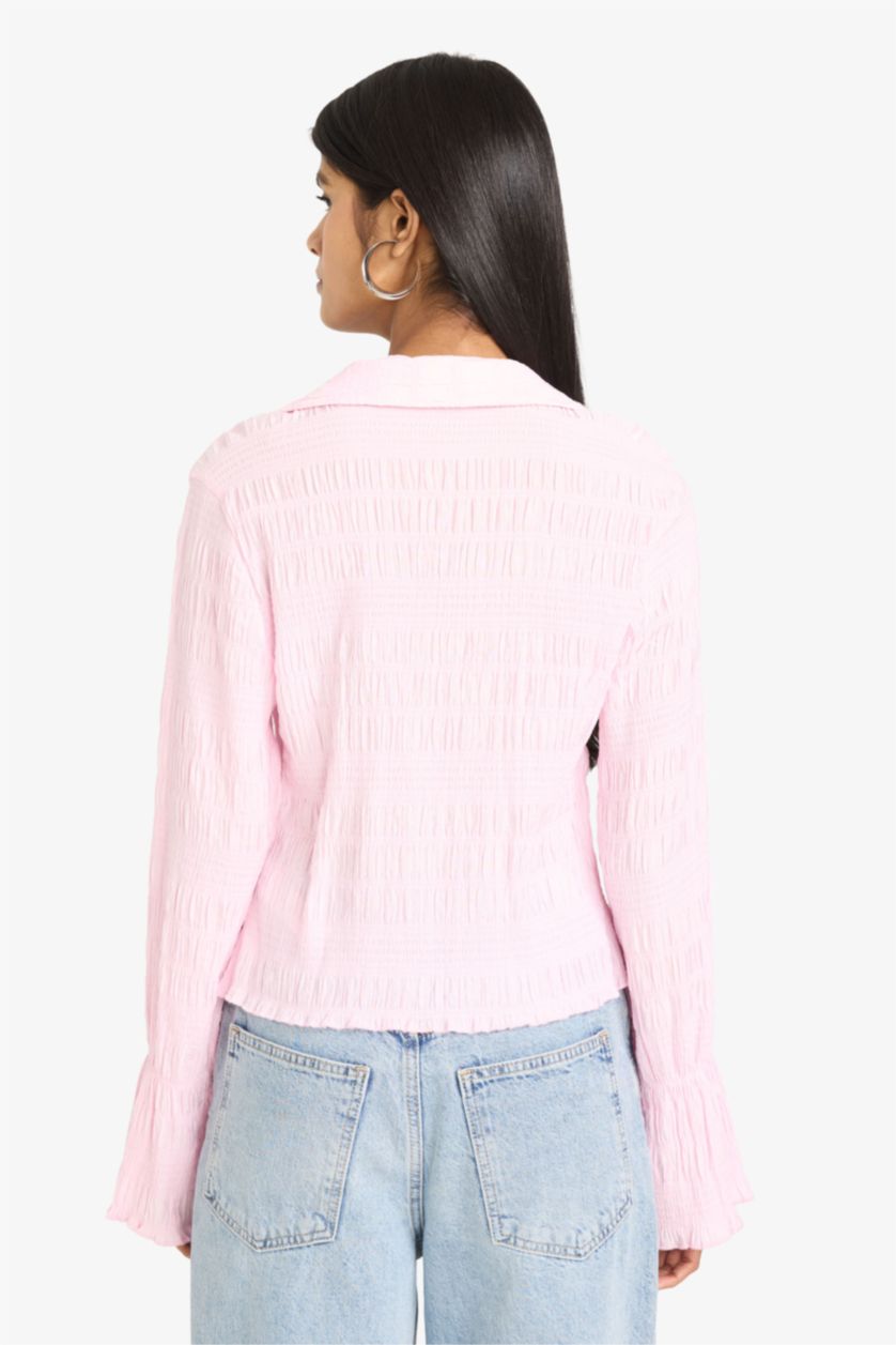 Woman Light Pink Slim Fit V-Neck Long Sleeve Blouse