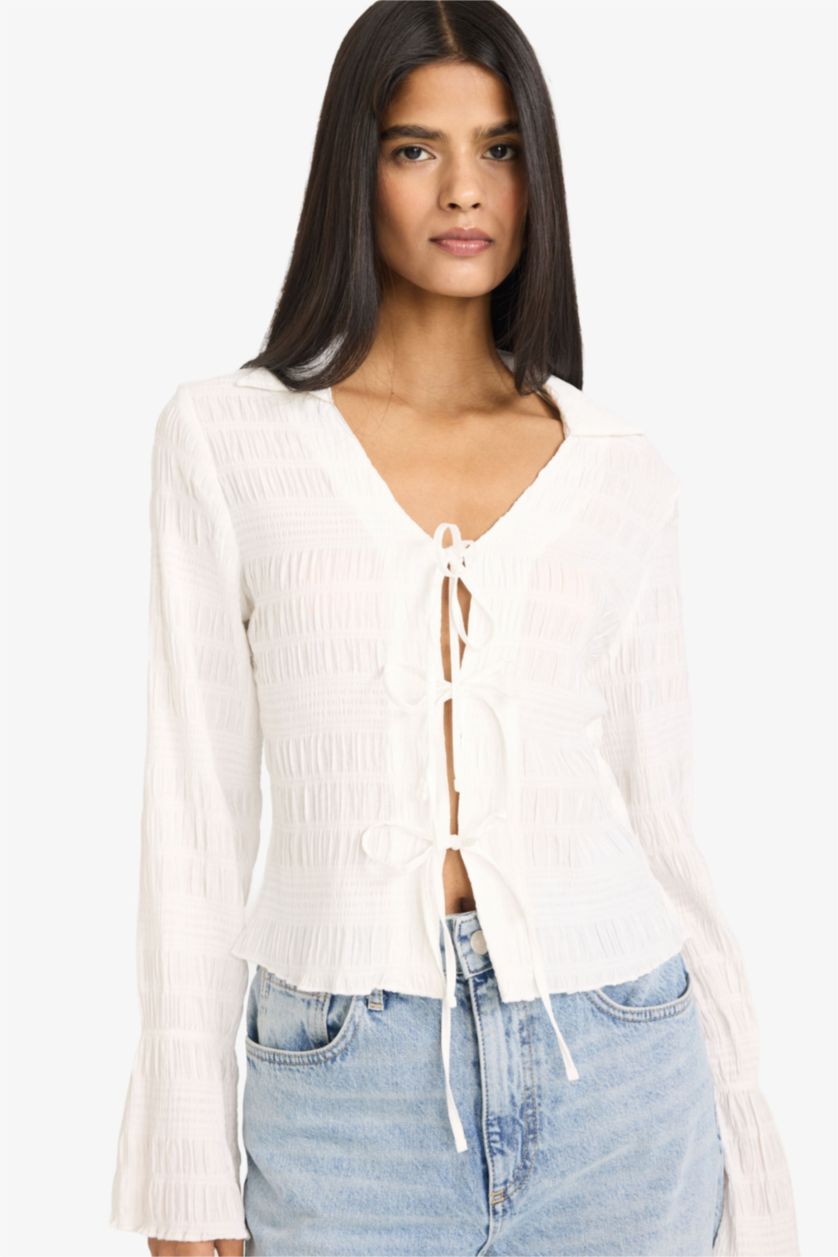 WOMAN White Slim Fit V-Neck Long Sleeve Blouse