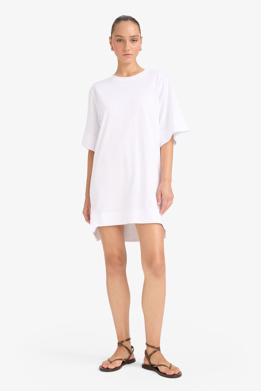 Kadın Beyaz %100 Pamuk A Kesim Penye Mini Elbise