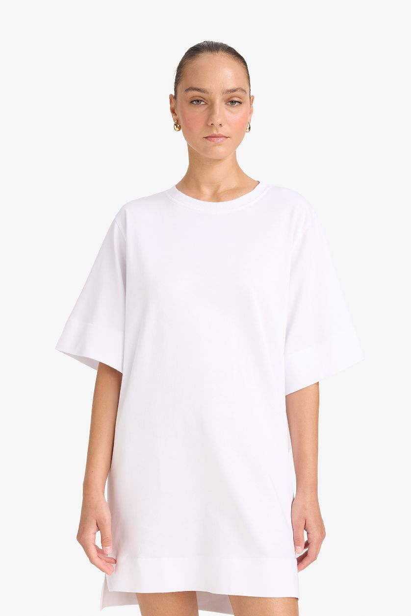 Kadın Beyaz %100 Pamuk A Kesim Penye Mini Elbise