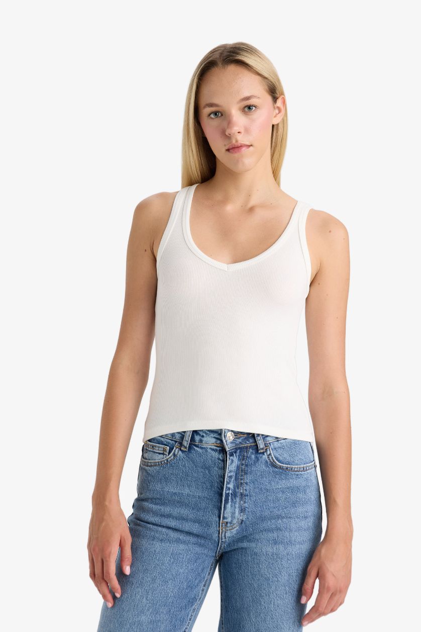 WOMAN Ecru Slim Fit Camisole V-Neck Tank Top