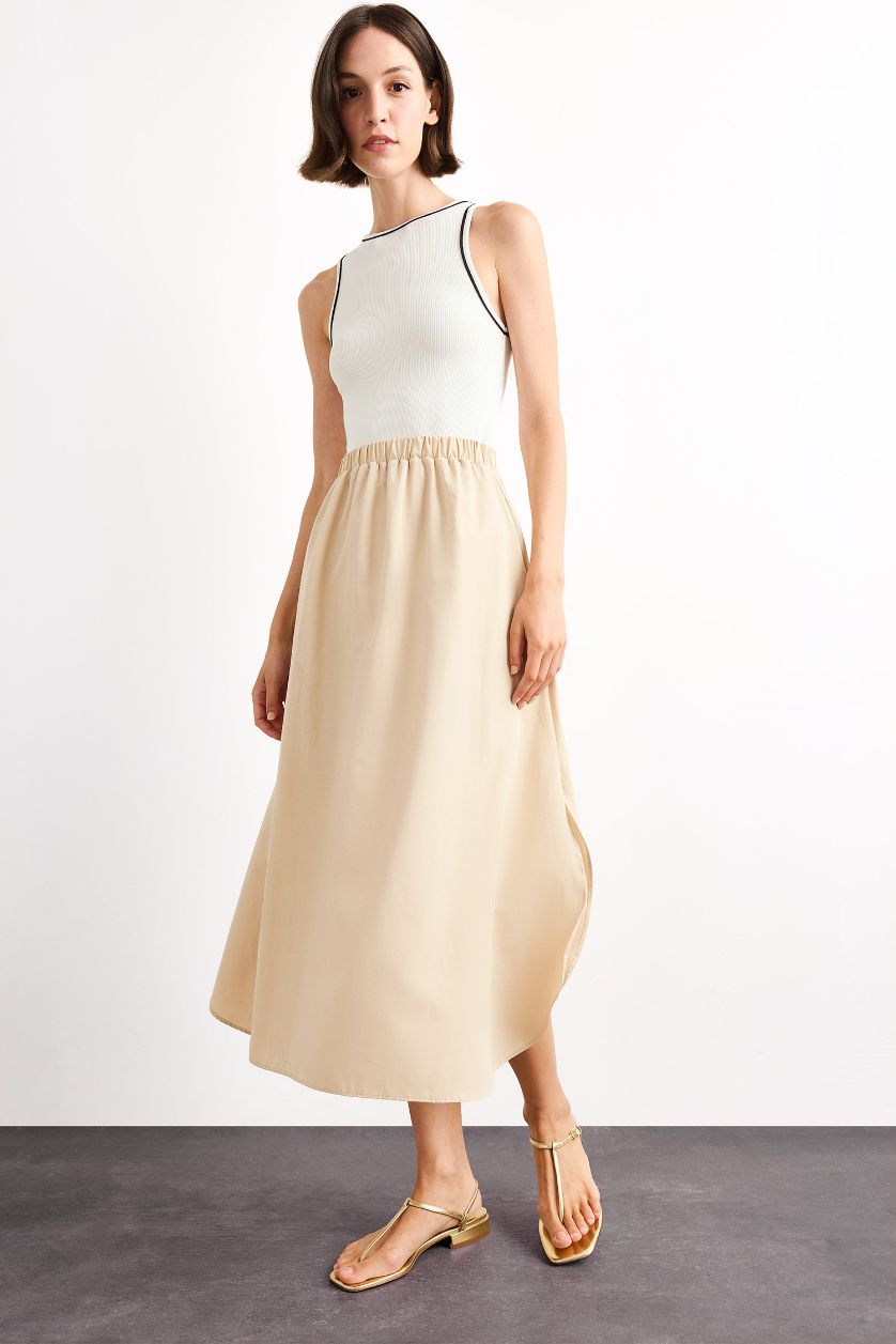 Woman Ecru A Cut Cotton Sleeveless Midi Dress