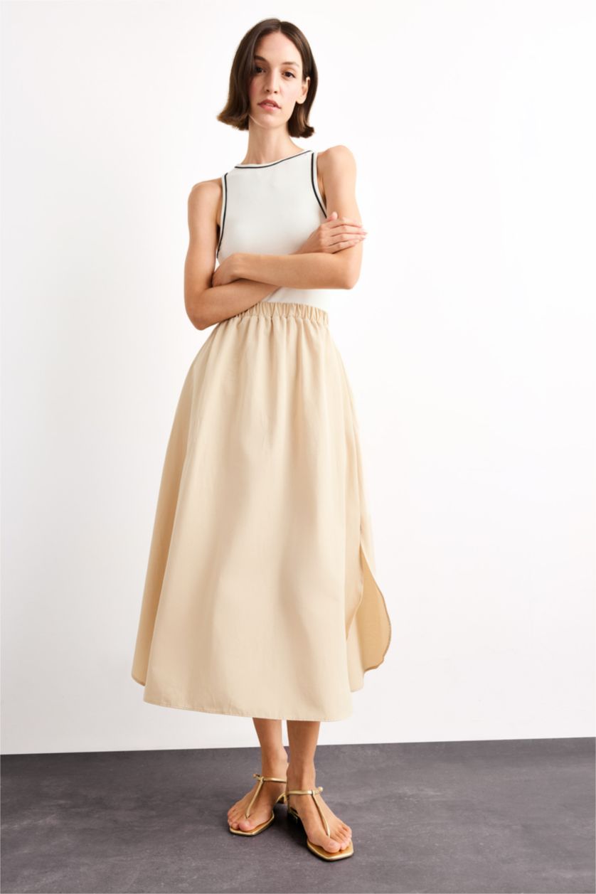 Woman Ecru A Cut Cotton Sleeveless Midi Dress