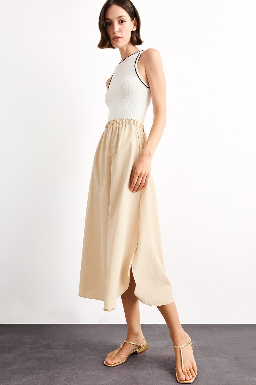 Woman Ecru A Cut Cotton Sleeveless Midi Dress