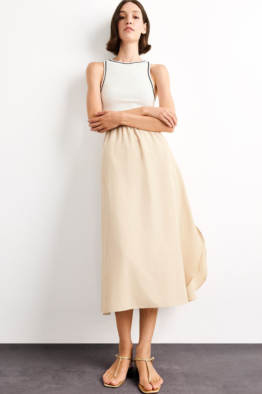 Woman Ecru A Cut Cotton Sleeveless Midi Dress