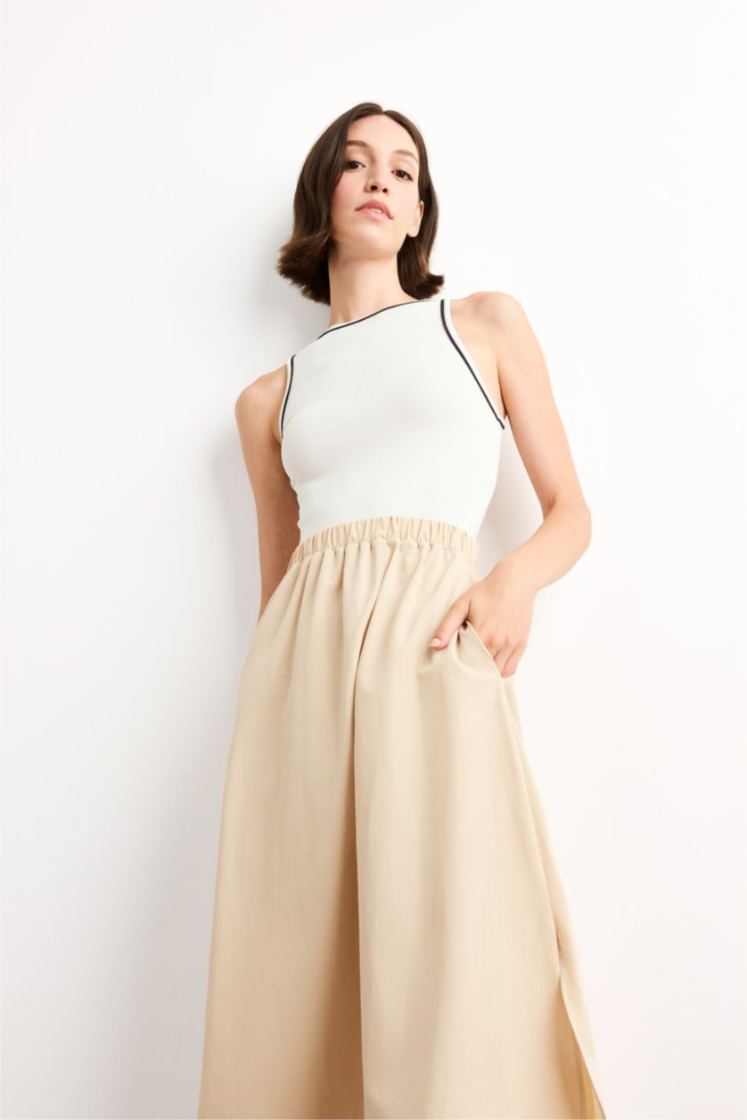 Woman Ecru A Cut Cotton Sleeveless Midi Dress