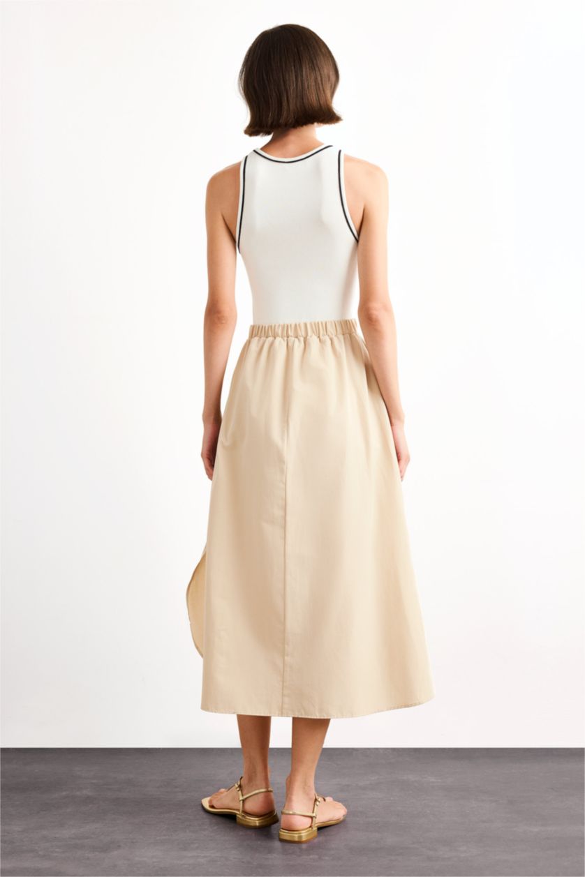 Woman Ecru A Cut Cotton Sleeveless Midi Dress