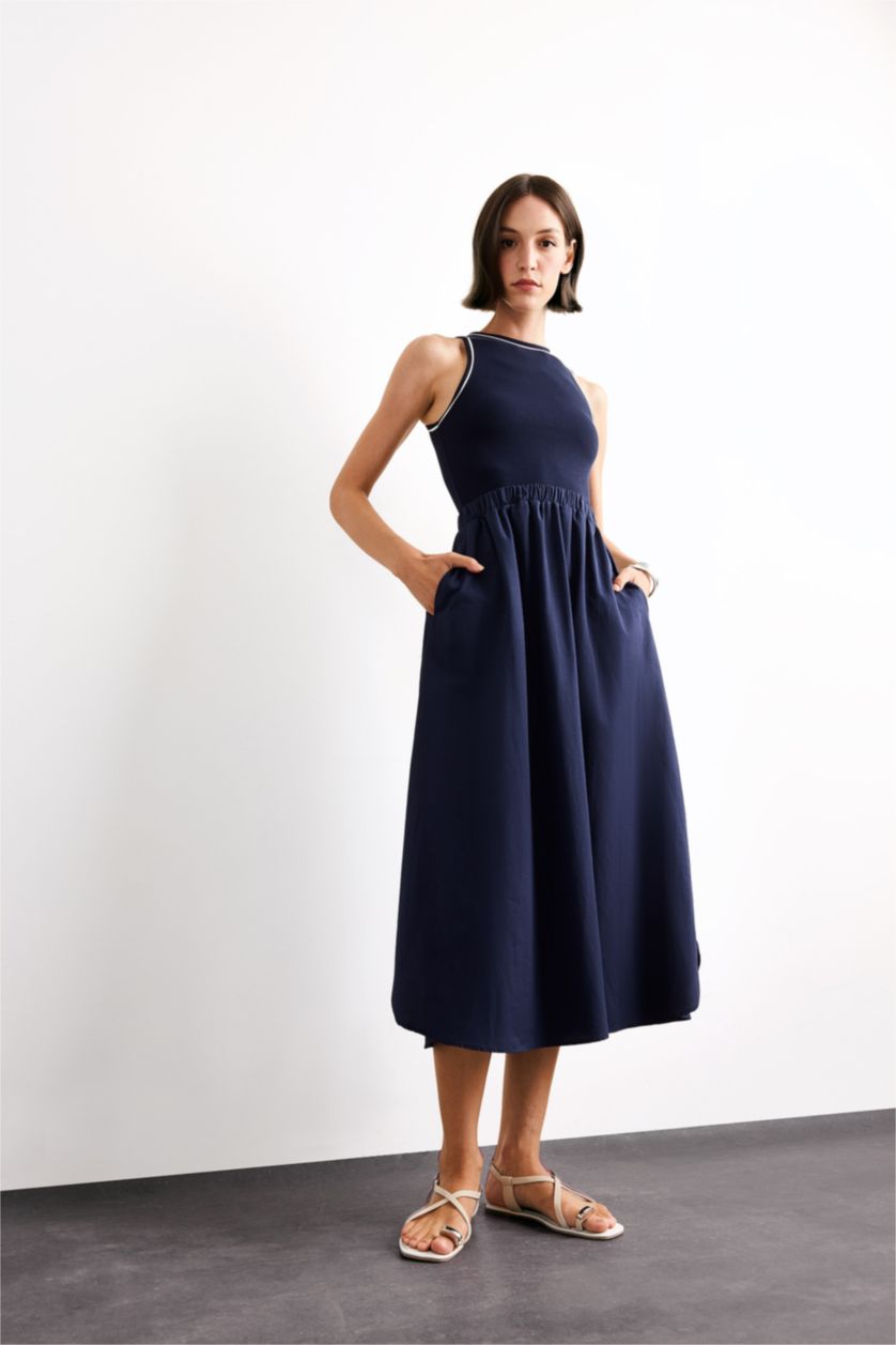 Woman NAVY A Cut Cotton Sleeveless Midi Dress
