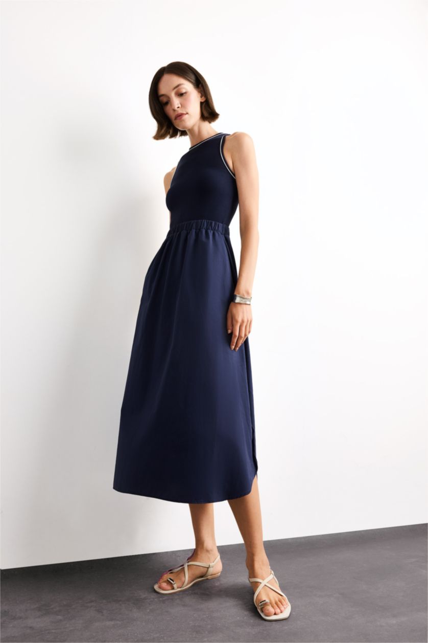 Woman NAVY A Cut Cotton Sleeveless Midi Dress