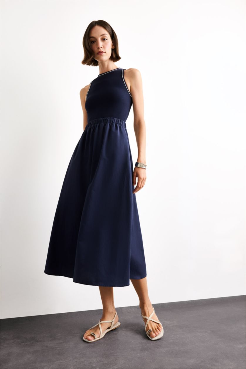 Woman NAVY A Cut Cotton Sleeveless Midi Dress