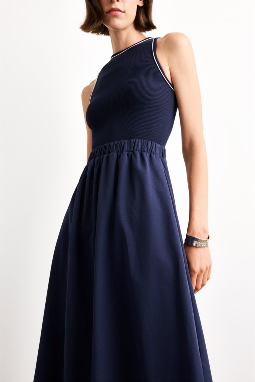 Woman NAVY A Cut Cotton Sleeveless Midi Dress