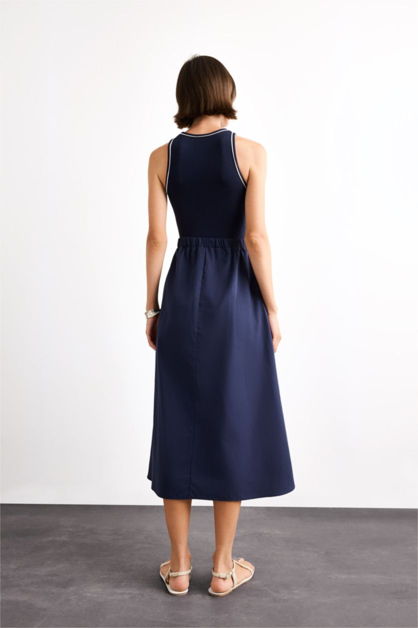 Woman NAVY A Cut Cotton Sleeveless Midi Dress